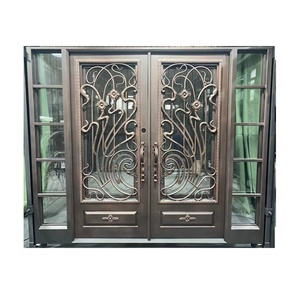 Puerta de acero doble frontal exterior de lujo con diseño de vidrio de patrón de hierro - Product Image 4