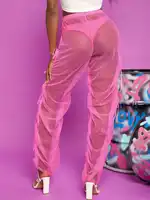 Ярко-розовые летние женские сексуальные Клубные брюки с завышенной талией и узлом сбоку, прозрачные сетчатые брюки без трусиков