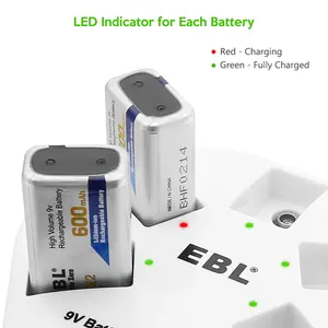 EBL Universal Smart USB Fast 1.2v 9v Lithium Rechargeable Battery Charger For Li-ion 9v Cell
