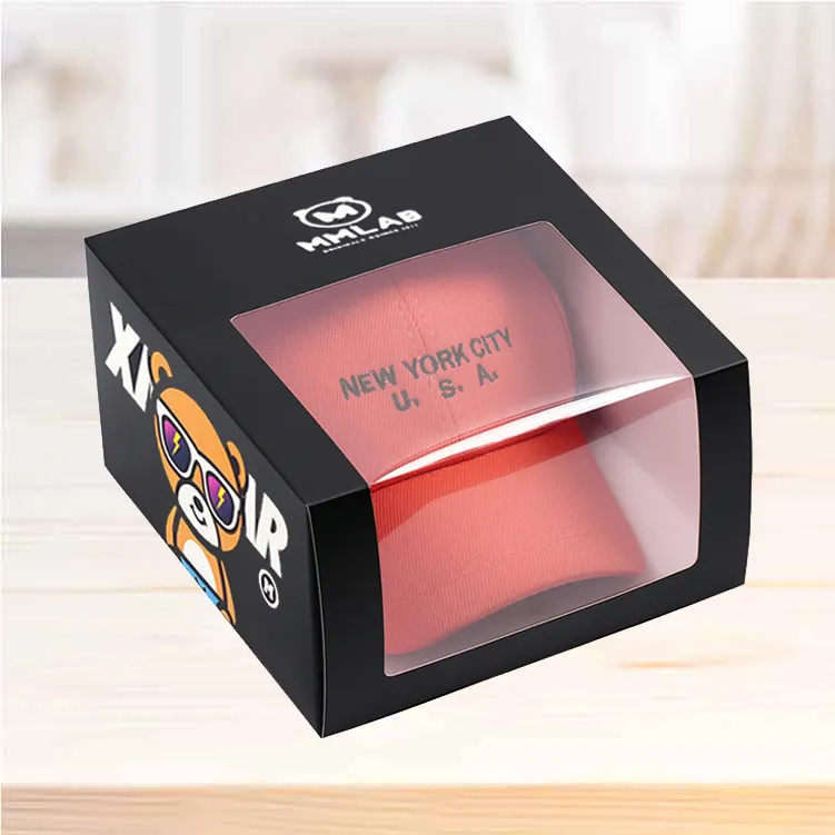 Caixa de presente para boné de beisebol com logotipo personalizado, preto fosco, caixa de papel snapback com janela transparente