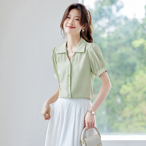 Women's Short Sleeve Chiffon Blouse Solid Color Button Front Wrap <b>Tie</b> Work Shirt For Office Commuting Professional Look - Product Image 3