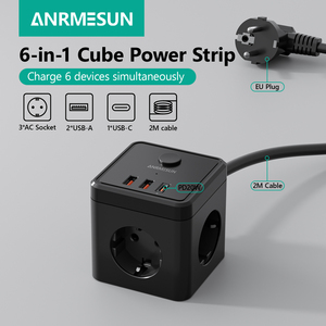 Multiprise Cube norme européenne 10A 5m avec 3 prises CA et 2 ports USB-A et 1 port USB-C – Prise électrique durable - Product Image 2