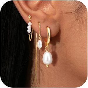 925 Silver Pearl <b>Earrings</b> Set For Women Mismatched Dangle Hoop And Threader Stud <b>Earrings</b> With Imitation Pearls Fashion Jewelry - Product Image 6