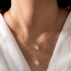 Gouden Volledige Set <span class=keywords><strong>Moissanite</strong></span> Waterdruppel Hanger Dubbele Laag Ketting Gelegenheidsgebruik Stapelbaar Draagbaar Ebay Hot Selling Explosies - Product Image 4