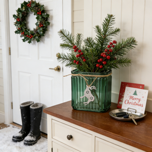 Vase <span class=keywords><strong>en</strong></span> verre côtelé carré personnalisé pour Noël, avec pendentif <span class=keywords><strong>en</strong></span> métal <span class=keywords><strong>en</strong></span> forme <span class=keywords><strong>de</strong></span> renne, pour la décoration <span class=keywords><strong>de</strong></span> la maison et les cadeaux festifs - Product Image 1