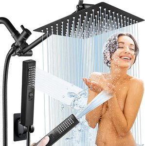 Pommeau de Douche Pluie Noir en Acier Inoxydable 8/6 Pouces, Combo 3 Modes de Jet Haute Pression <span class=keywords><strong>avec</strong></span> Tuyau Anti-Rouille de 78 Pouces pour Salle de Bain et Maison - Product Image 1