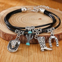 Lot de 4 bagues tendance pour femmes, en alliage turquoise, motifs fer à cheval, bottes de cow-boy et chapeau de cow-boy, bijoux de doigt