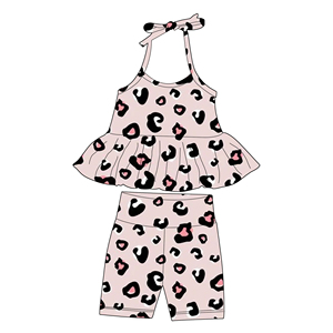 Set Estivo di Alta Qualità per Bambine: Top con Volant e <span class=keywords><strong>Pantaloncini</strong></span> Aderenti, Stampa Leopardata, Completo Comodo Primaverile ed Estivo - Product Image 3