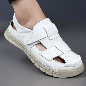 Men's Genuine Leather <b>Closed</b> <b>Toe</b> Flat <b>Sandals</b> Hook Loop Breathable Summer Casual Outdoor Driving Beach Shoes - Product Image 1