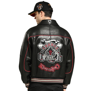 Chaqueta Bomber <span class=keywords><strong>Avirex</strong></span> para Hombre, Chaqueta de Cuero Estilo Hip Hop, Chaqueta de Cuero Genuino Negro - Product Image 3