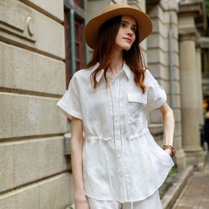 Camicetta da <span class=keywords><strong>donna</strong></span> bianca in cotone e lino a maniche corte con coulisse in vita, ricamo e tasche, camicia casual estiva - Product Image 4