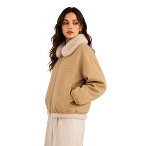 Chaqueta Bomber de Ante Sintético Beige para <span class=keywords><strong>Mujer</strong></span> con Logotipo Personalizado, Cuello y Dobladillo Desmontables de Piel Sintética de Zorro, Cierre de Cremallera, Estilo Holgado y Corto, Abrigo de Invierno - Product Image 2