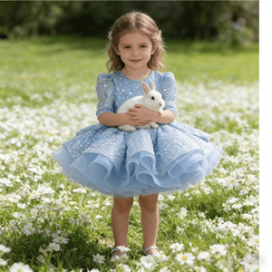 Abito da festa per bambina azzurro cielo con maniche a sbuffo, <span class=keywords><strong>paillettes</strong></span> scintillanti e volant in tulle, abito da damigella d'onore per matrimonio - Product Image 1