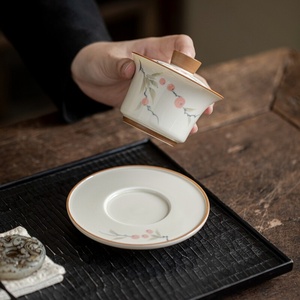 ถ้วยชาเซรามิกกันความร้อนสามส่วนลายลูกพลับวาดด้วยมือจากเถ้าไม้ พร้อมฝาปิดรูปเกือกม้า สไตล์จีน - Product Image 3