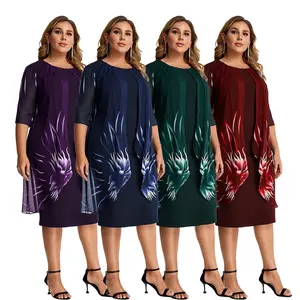 Factory Price Plus Size Round Neck Knitting Printing Women Dress with Lace