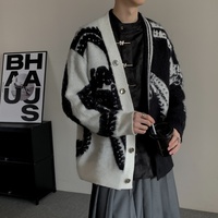 Cardigan en tricot ample à col en V et motif abstrait contrastant pour homme, idéal pour un usage quotidien décontracté