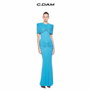 Vestido largo maxi fruncido <span class=keywords><strong>de</strong></span> manga corta para mujer con decoración <span class=keywords><strong>de</strong></span> barra metálica, vestido largo ajustado plisado, elegante vestido <span class=keywords><strong>de</strong></span> noche con abertura, 5 colores - Product Image 1