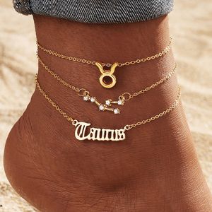 Summer <span class=keywords><strong>Beach</strong></span> 3 PCS/Set Or Couleur Horoscope Cheville Mode Strass Cristal Pied Chaîne 12 Signe du Zodiaque Cheville pour Filles Femmes - Product Image 3