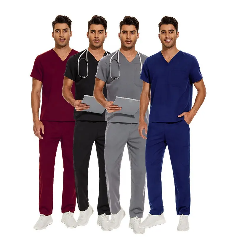 Logotipo personalizado médico Scrubs azul real más conjuntos de uniformes de tamaño Unisex enfermería Scrubs estiramiento uniforme médico Scrubs conjuntos para los hombres