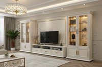 Meuble TV mural de luxe sur mesure avec vitrine, étagères de rangement LED et bibliothèque – Solution de mobilier moderne pour salon