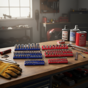 Ensemble d'organisateurs de douilles Vevor, 6 pièces, plateaux bleus et rouges, métriques SAE, entraînement hexagonal 1/4 po, chromé, qualité industrielle - Product Image 2