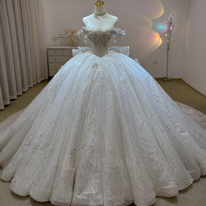 Glittery <b>Sequins</b> Puffy Ball Gown Chapel Embroidered Floor-Length Wedding Dress Strapless Sweetheart Neck <b>Backless</b> Bridal Dress - Product Image 1