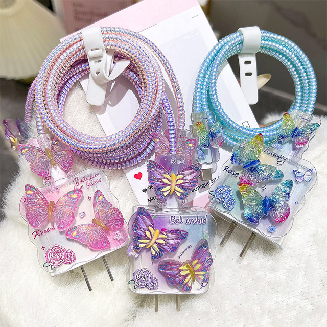 New Design Charger and Cable Protector Cover Set for Apple 20W Fast Chargers Case Anti-kink Cable protection butterfly Pattern