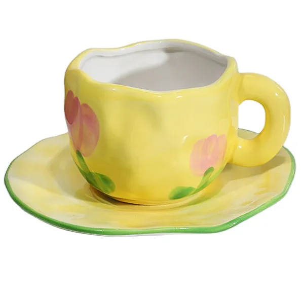 Madou novo produto 300ml s estilo criativo colorido vintage, tulipa amarela irregular mão pitada copo de café cerâmica e molhador
