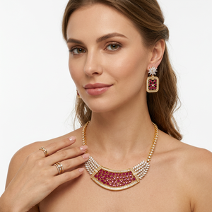 Luxury Brass Gold Plated <b>Ruby</b> Emerald CZ Diamond Choker <b>Necklace</b> Matching Earrings Indian Bridal Wedding Jewelry Set - Product Image 1