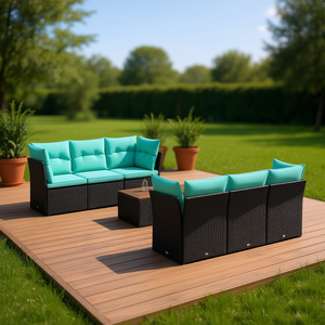Set Divano da Esterno Moderno in Polyrattan Nero con Cuscini, 7 Posti, Design Contemporaneo - Product Image 2