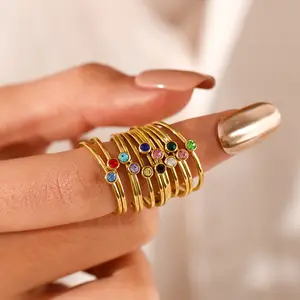 超亮12色钛钢彩虹氧化锆戒指18k镀金不锈钢彩色直拉戒指