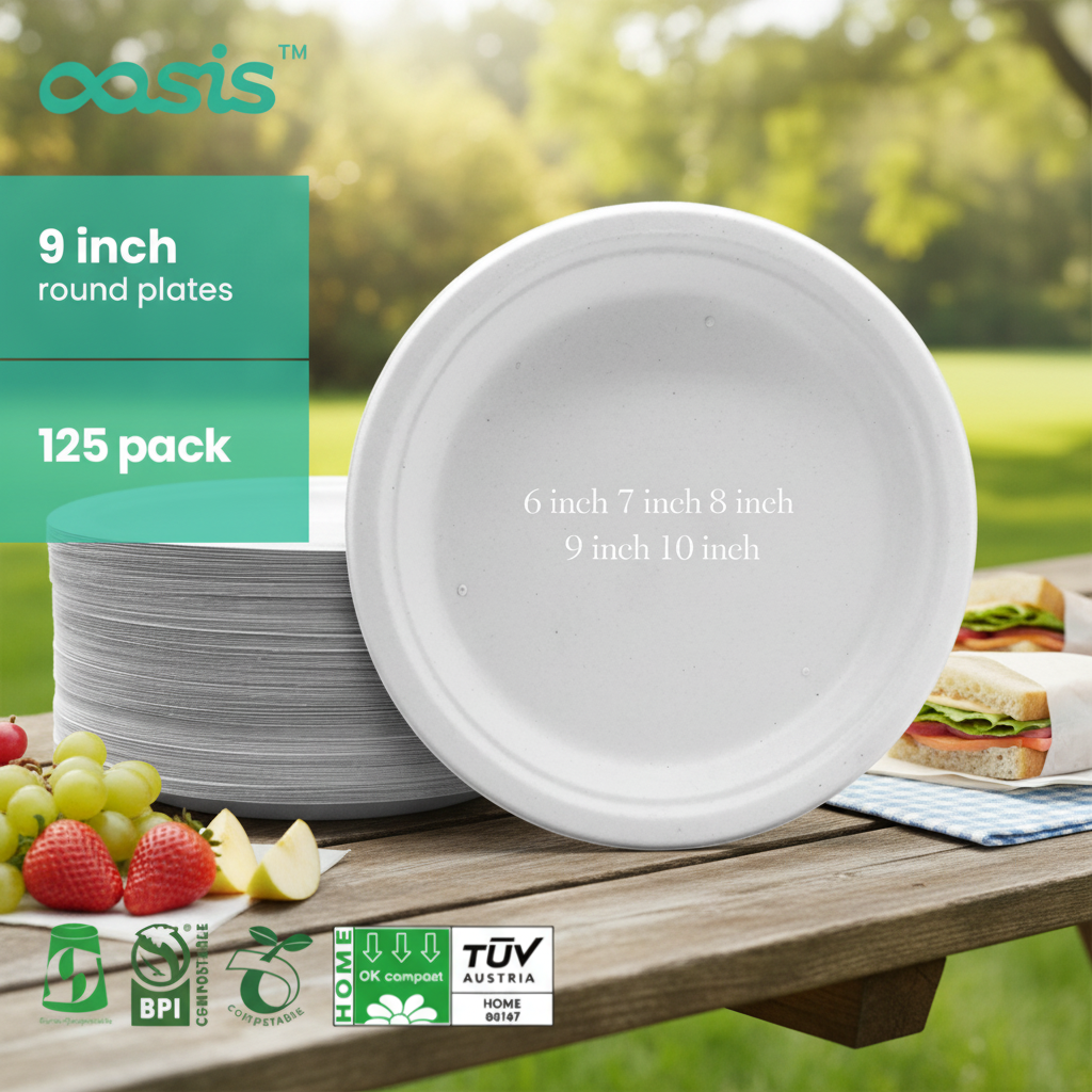 Oasis Disposable Sugarcane Bagasse Compostable Waterproof Paper Plates Bowls for Weddings & Special Occasions Cookies & Snacks
