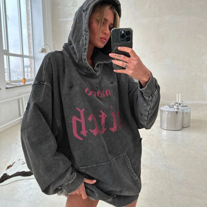 Sudadera con capucha de rizo francés lavado con ácido gris oscuro para mujer ropa de calle personalizada 480gsm sudaderas con capucha de lavado asid Portugal - Product Image 5