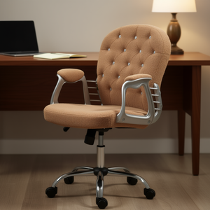 Brown Office <b>Chair</b> Tufted Back Padded Armrests Adjustable Height <b>Swivel</b> <b>Wheels</b> Chrome Base Fabric Contemporary Design - Product Image 2
