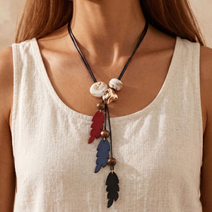 Double Black Leather Cord Necklace Multi Color Wooden Leaf Tassel Pendant White Irregular Beads Women Boho Vacation Neck Jewelry - Product Image 1