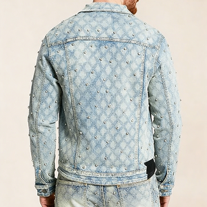 Maßgefertigte Acid-Wash-Jacke mit Strasssteinen, OEM Frühlings-Stickerei-Logo, Tasche, Hochwertige Vintage-Streetwear Herren-Jeansjacke - Product Image 2