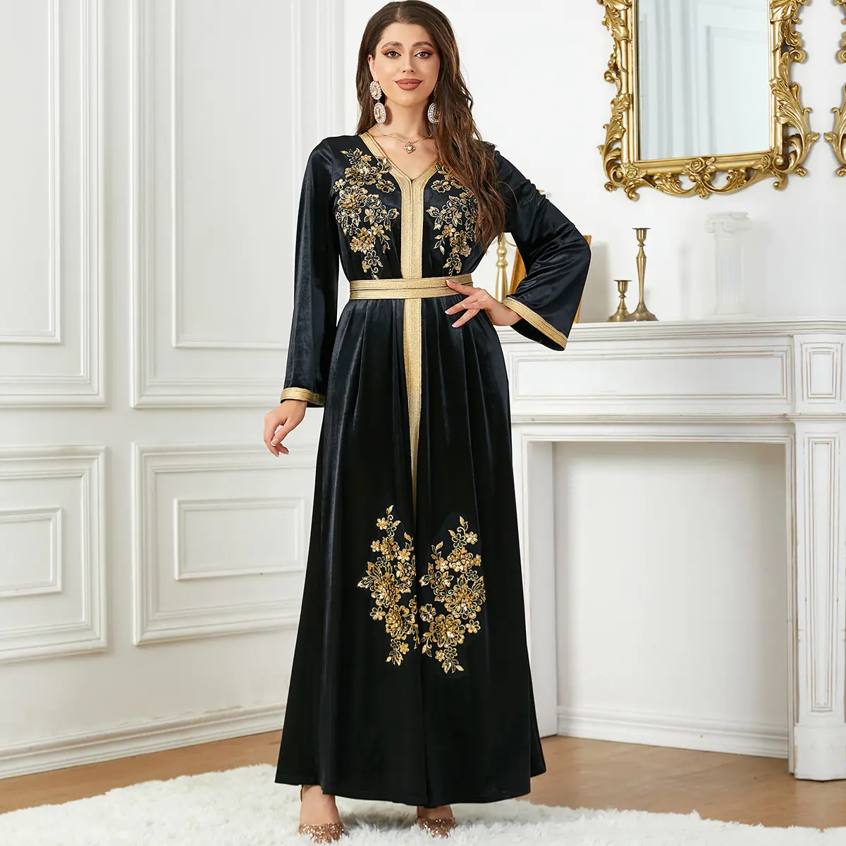 Robes de soirée ethniques noir Abaya Caftan marocain Kaftans Dubaï arabe turc Abaya hiver velours robes pour femmes modestes