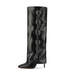 Metal Buckles <b>High</b> Slim Heels Women <b>Knee</b> <b>High</b> Overlay Boots Western Styles Pointed Toe Pants Long Booties Side Zipper Shoes - Product Image 4