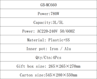 GB-MC660 Cuiseur à riz multifonction 4,1-5L 780W avec contrôle numérique, fonction minuterie, revêtement antiadhésif et chauffage par le bas en acier inoxydable