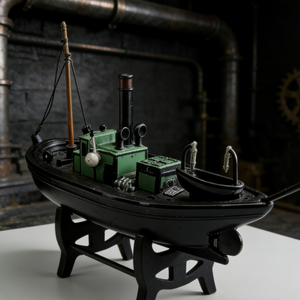 Modellino in Resina di Rimorchiatore Industriale Vintage con Supporto per Arredamento Steampunk e Collezioni Marittime - Product Image 1