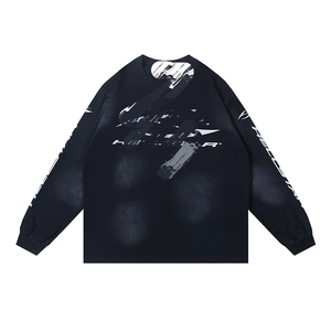 T-shirt casual in cotone 100% da 280 grammi con stampa vintage effetto acqua, vestibilità ampia, maniche lunghe, per <span class=keywords><strong>uomo</strong></span> e <span class=keywords><strong>donna</strong></span>, stile Hell High Street Star - Product Image 4