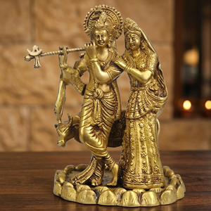 Statue artisanale traditionnelle Art Déco en laiton et aluminium de Radha Krishna avec vache, pour salon ou mariage, 10,5 pouces - Product Image 6