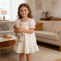 Nouvelle Robe Décontractée Personnalisable pour Fille en Coton Blanc, Col Carré, Manches Bouffantes et Ourlet Volanté, Collection 2026