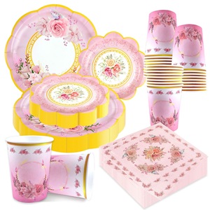 Juego de Vasos y Bandejas de Papel Desechables con Diseño de Flores Personalizado para Decoración de Fiestas de Té, Fiestas en el Jardín, Bodas, Bautizos, Cumpleaños - Product Image 1