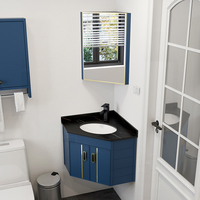 Meubles de salle de bain d'angle triangulaires en aluminium, unités de lavabo murales avec comptoir en pierre, lavabo bleu marine moderne pour petite salle de bain