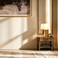 Ensemble de chambre contemporain personnalisé de luxe discret en gros, comprenant une lampe de table, un fauteuil cascade, une table de chevet ouverte en bois massif et des meubles cannelés