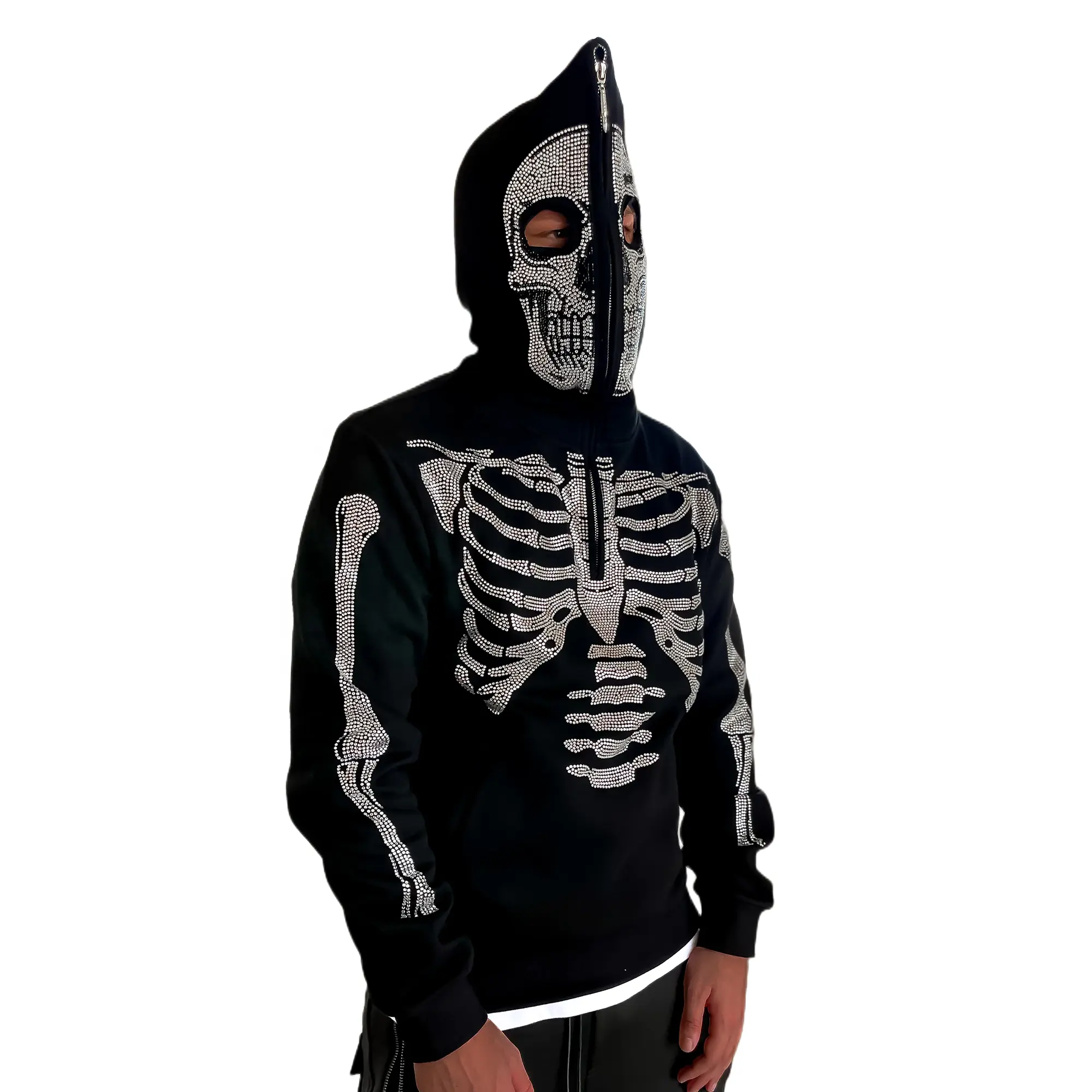 Custom Heavy Weight Full Face Zip Up Hoodie Rhinestone Skull Print Hoodie Sweatshirt For Men Horn Gallery Dept Hoodie
