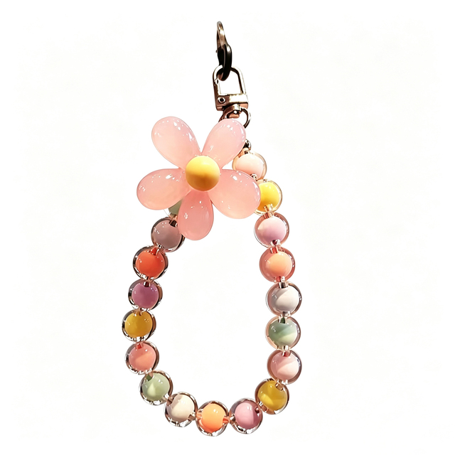 Acrylic  Beaded Phone Strap with Flower Charm, Cute Colorful Pastel Phone Lanyard, Kawaii Aesthetic Phone Charm Gift
