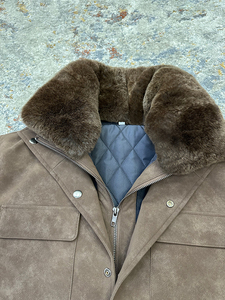Veste en faux daim personnalisée d'usine avec patch et col en poils de lapin matelassé doublé longue veste en faux cuir et daim <span class=keywords><strong>manteau</strong></span> de chasse pour hommes - Product Image 4