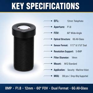Objectif industriel EFL 12 mm haute <span class=keywords><strong>définition</strong></span> 12MP 8MP 5MP, compatible avec les capteurs 1/1.7" 1/1.8" MJOPTC - Product Image 2